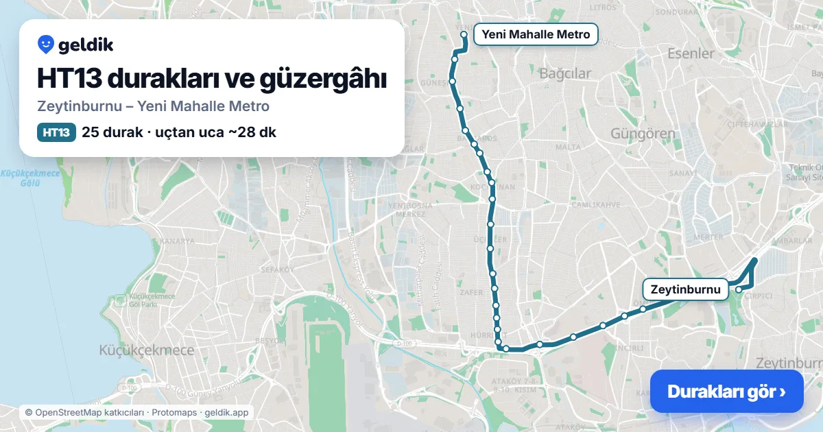 HT13 otobüs güzergâhı haritası: Zeytinburnu – Yeni Mahalle Metro, 25 durak