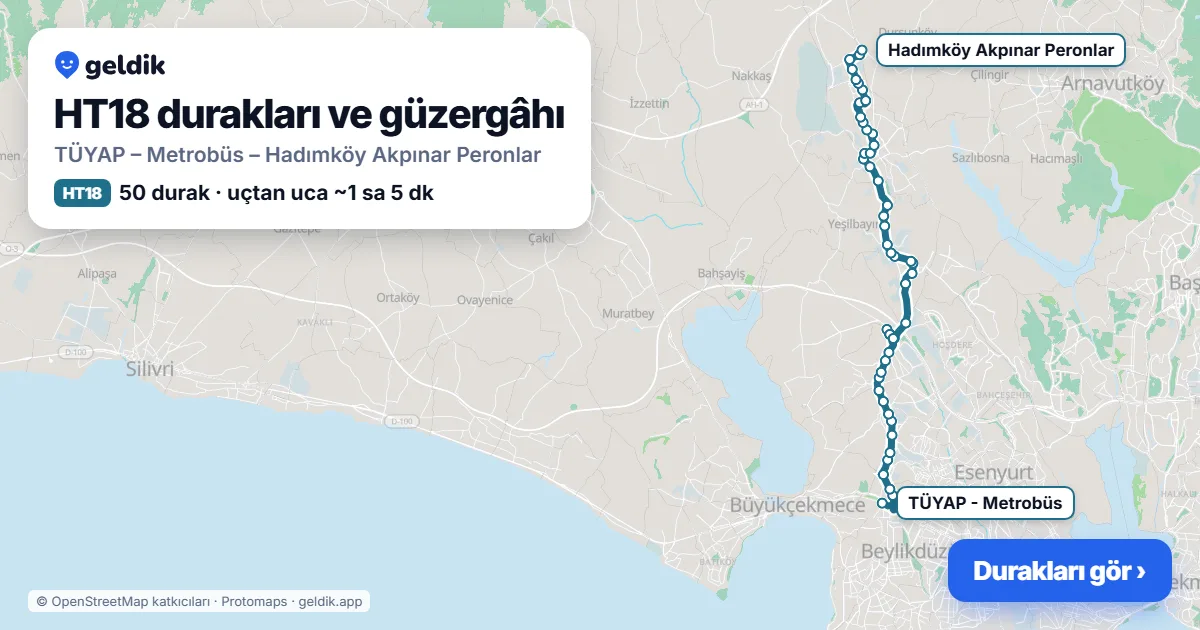 HT18 otobüs güzergâhı haritası: TÜYAP – Metrobüs – Hadımköy Akpınar Peronlar, 50 durak