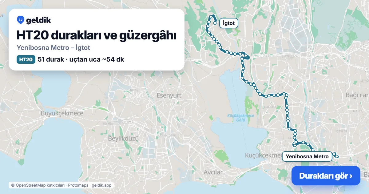 HT20 otobüs güzergâhı haritası: Yenibosna Metro – İgtot, 51 durak