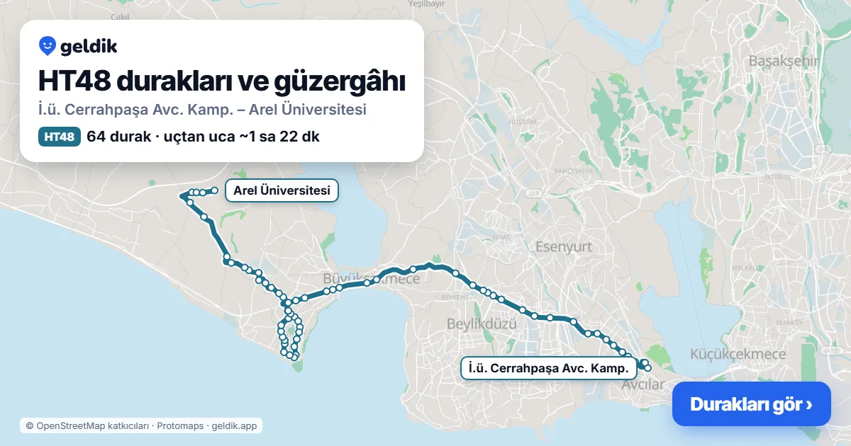HT48 otobüs güzergâhı haritası: İ.ü. Cerrahpaşa Avc. Kamp. – Arel Üniversitesi, 64 durak