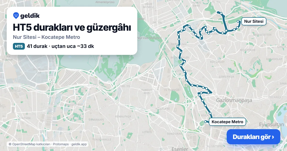 HT5 otobüs güzergâhı haritası: Nur Sitesi – Kocatepe Metro, 41 durak