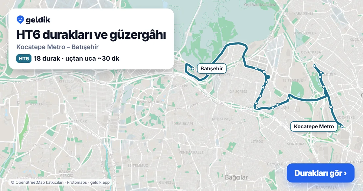 HT6 otobüs güzergâhı haritası: Kocatepe Metro – Batışehir, 18 durak