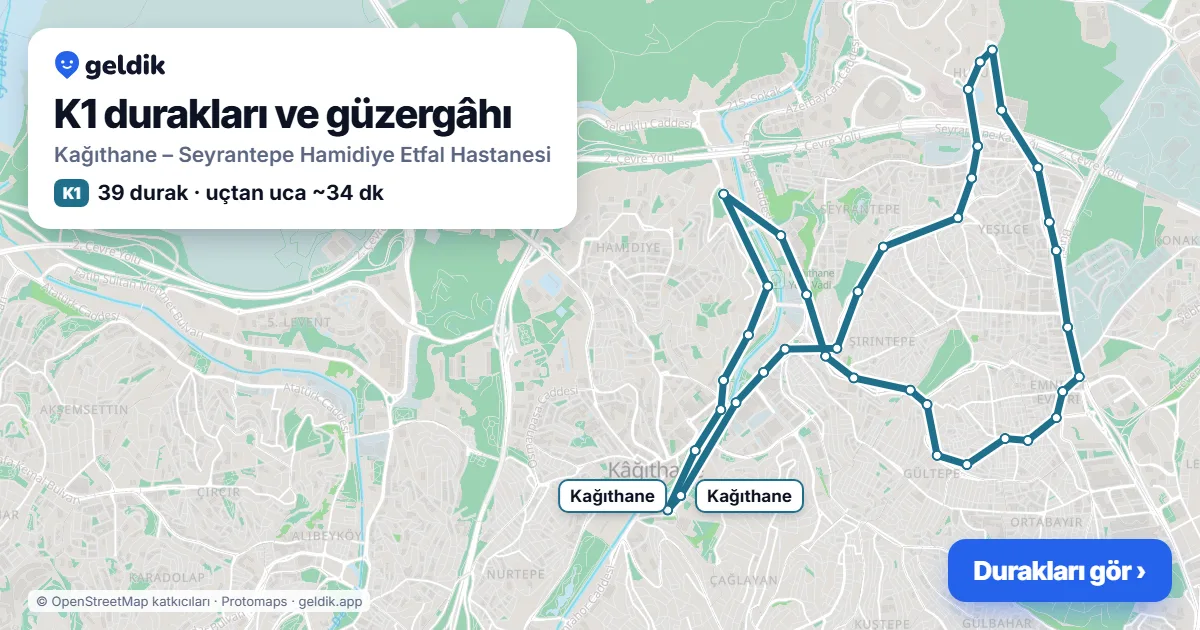 K1 otobüs güzergâhı haritası: Kağıthane – Seyrantepe Hamidiye Etfal Hastanesi, 39 durak