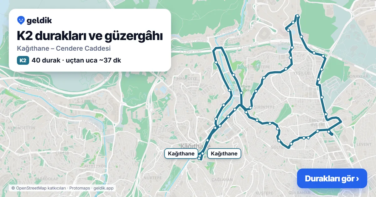 K2 otobüs güzergâhı haritası: Kağıthane – Cendere Caddesi, 40 durak