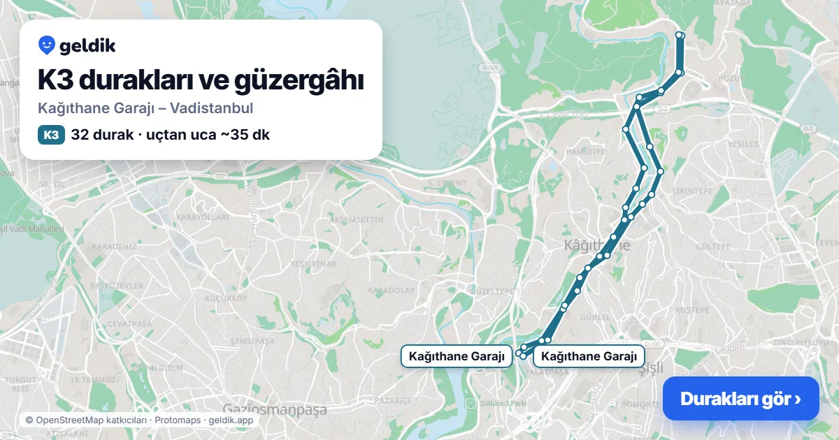 K3 otobüs güzergâhı haritası: Kağıthane Garajı – Vadistanbul, 32 durak