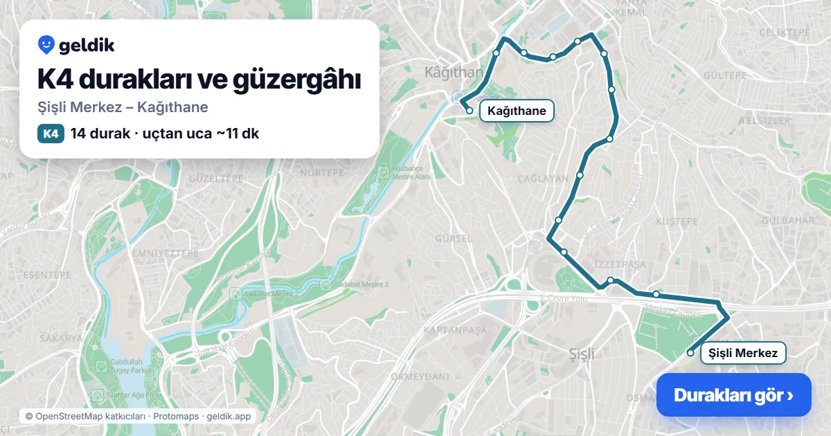 K4 otobüs güzergâhı haritası: Şişli Merkez – Kağıthane, 14 durak
