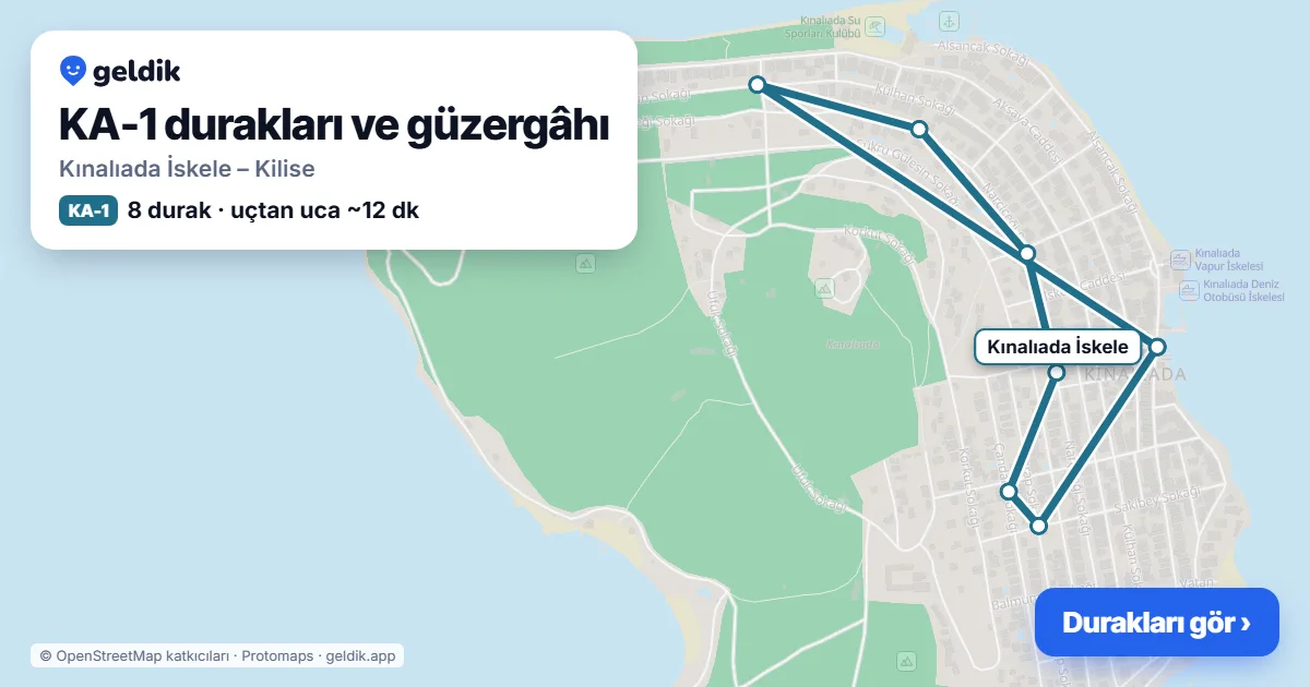 KA-1 otobüs güzergâhı haritası: Kınalıada İskele – Kilise, 8 durak