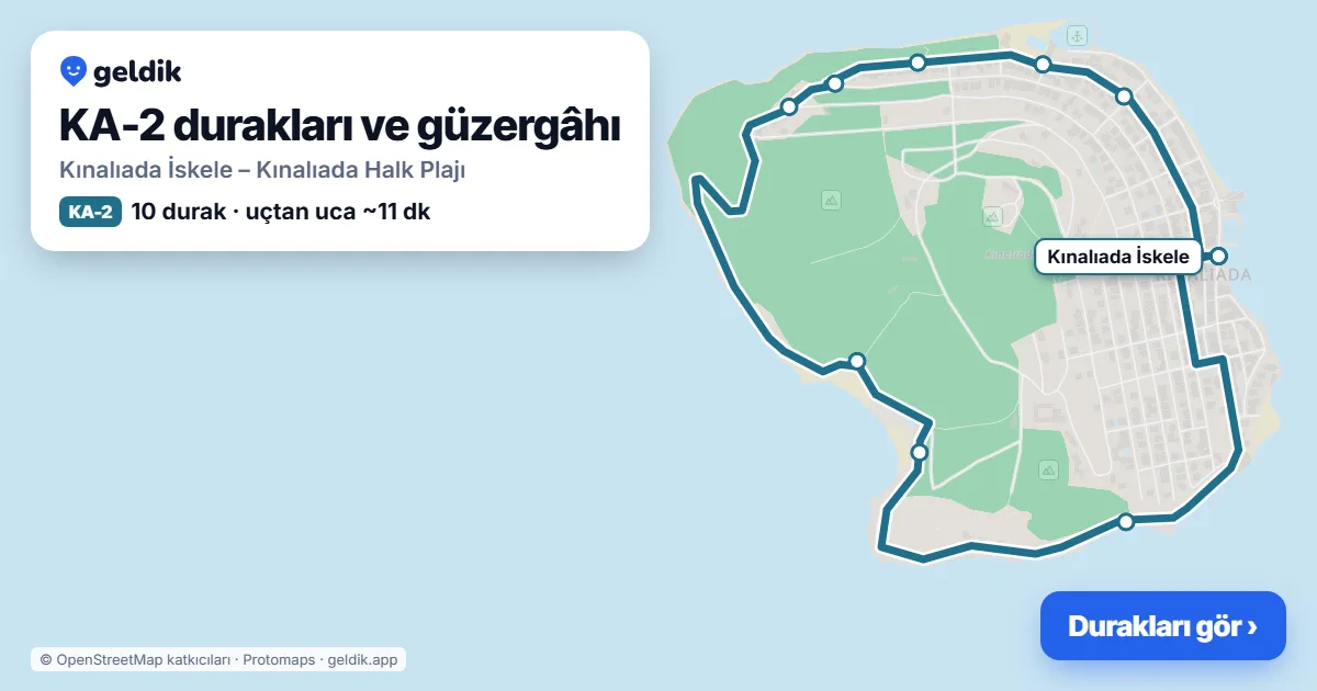 KA-2 otobüs güzergâhı haritası: Kınalıada İskele – Kınalıada Halk Plajı, 10 durak