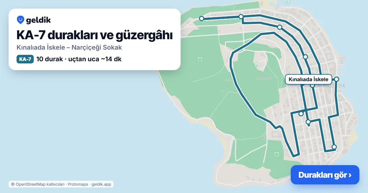 KA-7 otobüs güzergâhı haritası: Kınalıada İskele – Narçiçeği Sokak, 10 durak