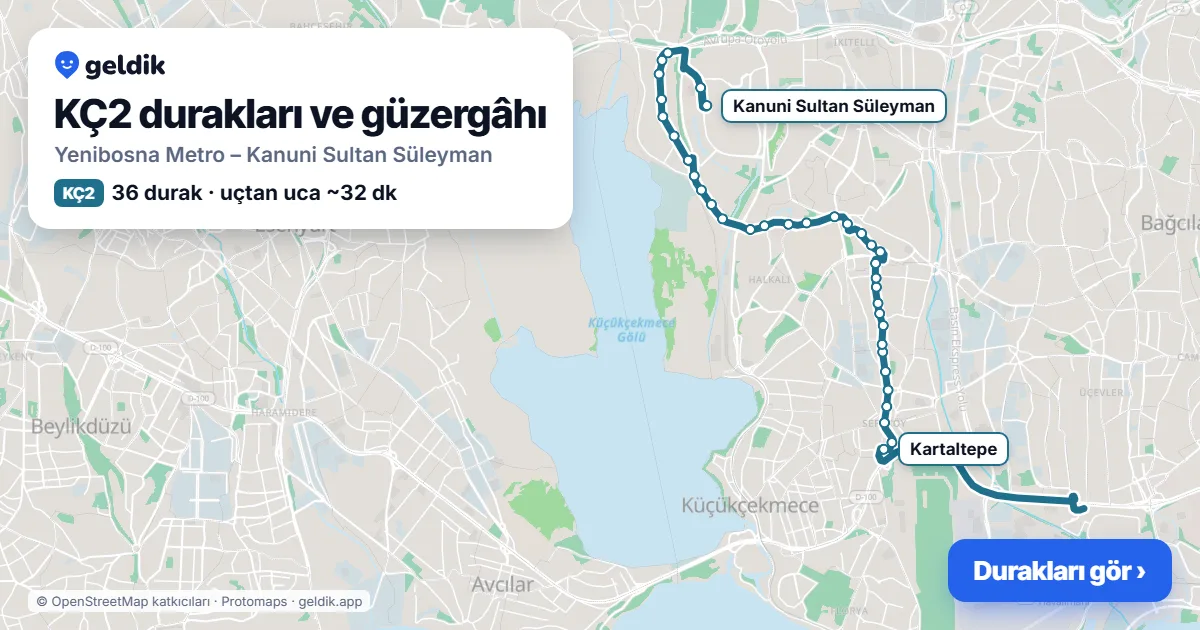 KÇ2 otobüs güzergâhı haritası: Yenibosna Metro – Kanuni Sultan Süleyman, 36 durak