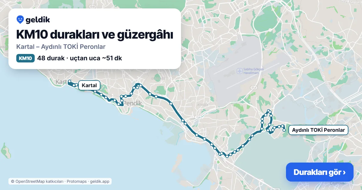 KM10 otobüs güzergâhı haritası: Kartal – Aydınlı TOKİ Peronlar, 48 durak