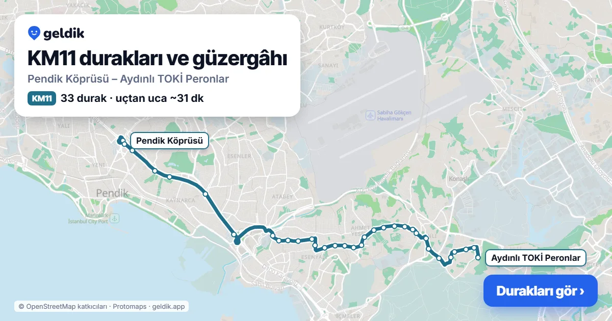KM11 otobüs güzergâhı haritası: Pendik Köprüsü – Aydınlı TOKİ Peronlar, 33 durak