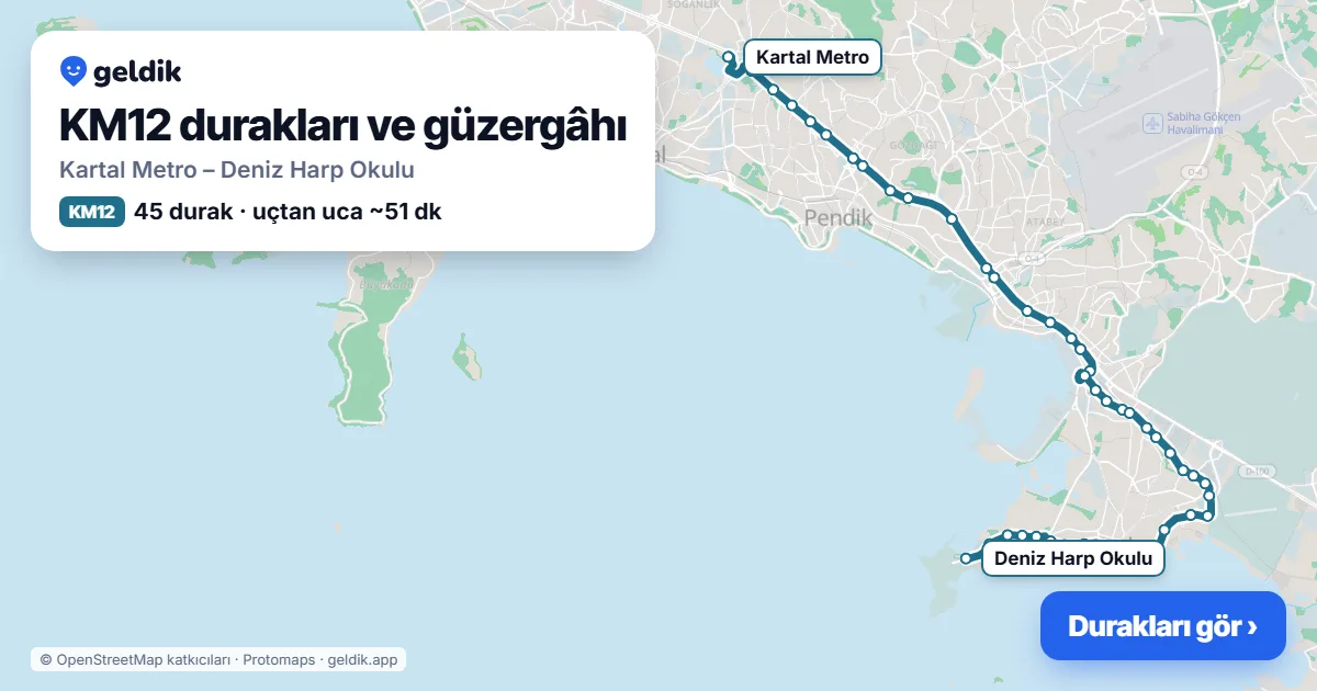 KM12 otobüs güzergâhı haritası: Kartal Metro – Deniz Harp Okulu, 45 durak