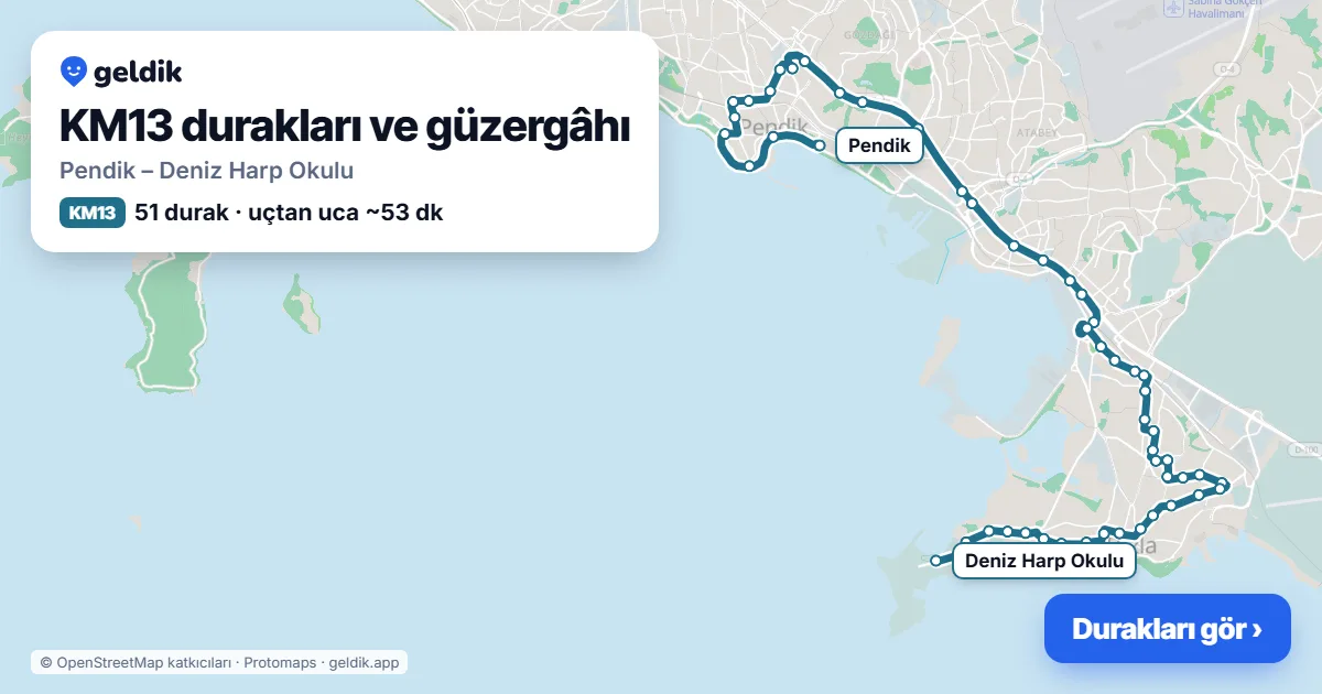 KM13 otobüs güzergâhı haritası: Pendik – Deniz Harp Okulu, 51 durak