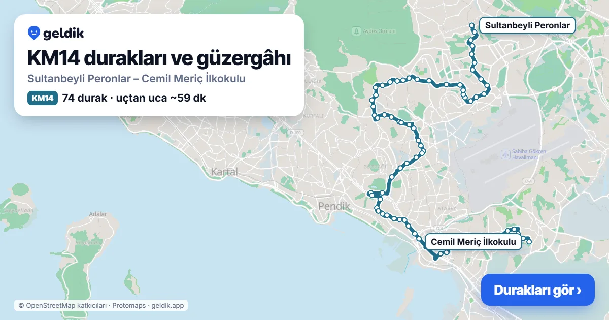 KM14 otobüs güzergâhı haritası: Sultanbeyli Peronlar – Cemil Meriç İlkokulu, 74 durak