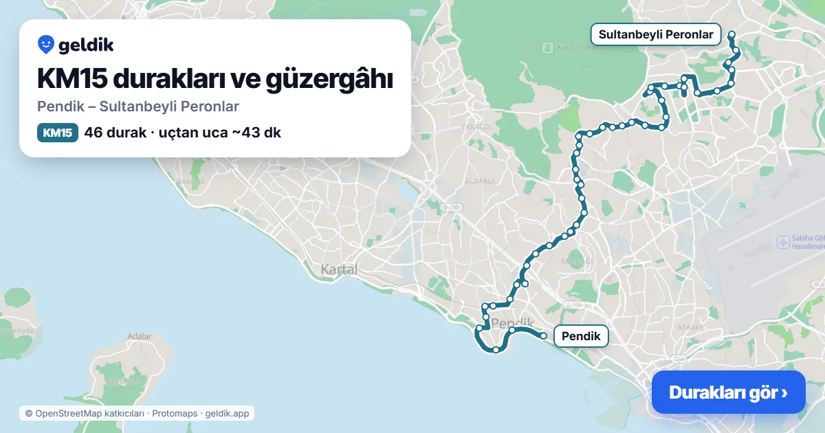 KM15 otobüs güzergâhı haritası: Pendik – Sultanbeyli Peronlar, 46 durak