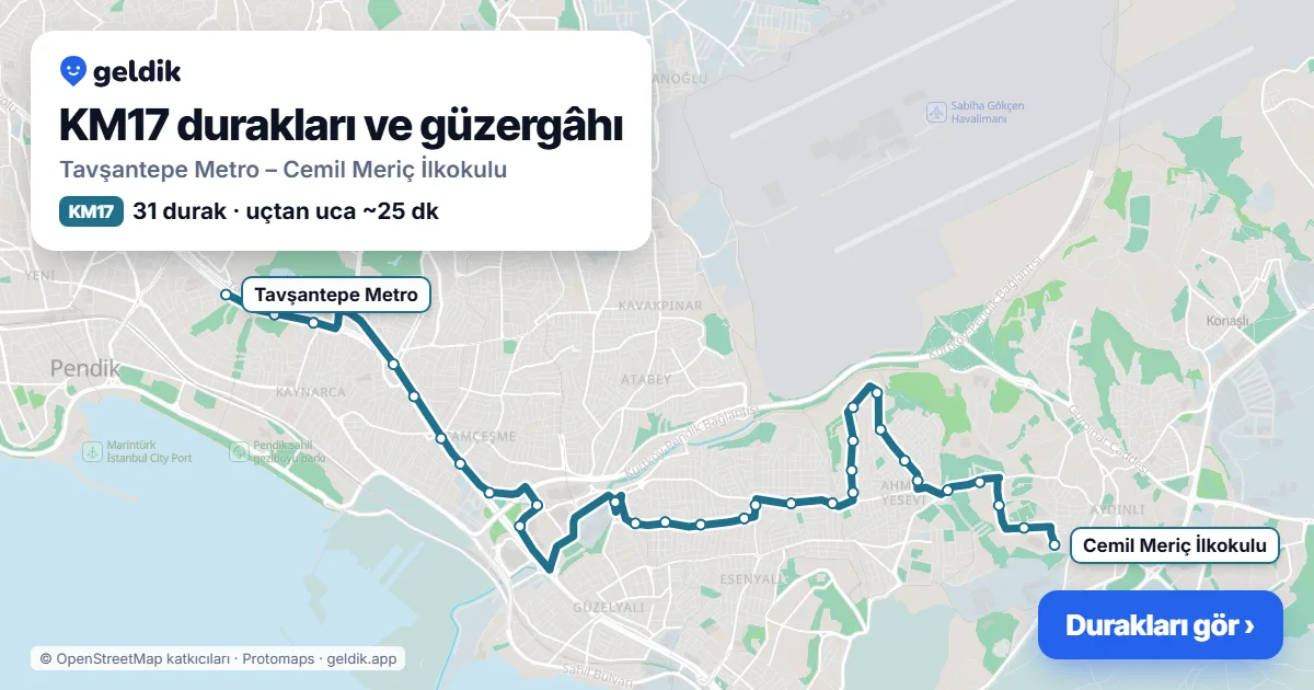 KM17 otobüs güzergâhı haritası: Tavşantepe Metro – Cemil Meriç İlkokulu, 31 durak