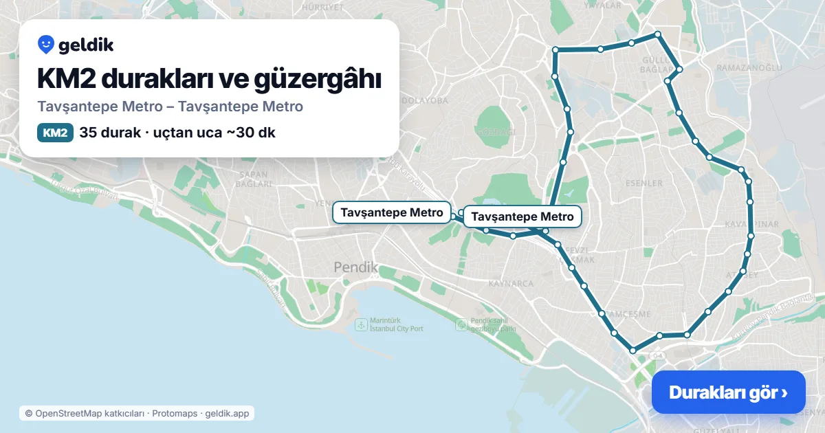KM2 otobüs güzergâhı haritası: Tavşantepe Metro – Tavşantepe Metro, 35 durak