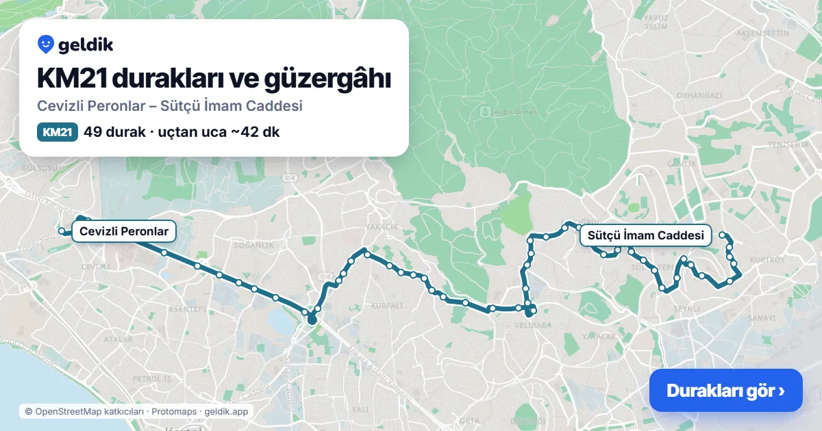 KM21 otobüs güzergâhı haritası: Cevizli Peronlar – Sütçü İmam Caddesi, 49 durak