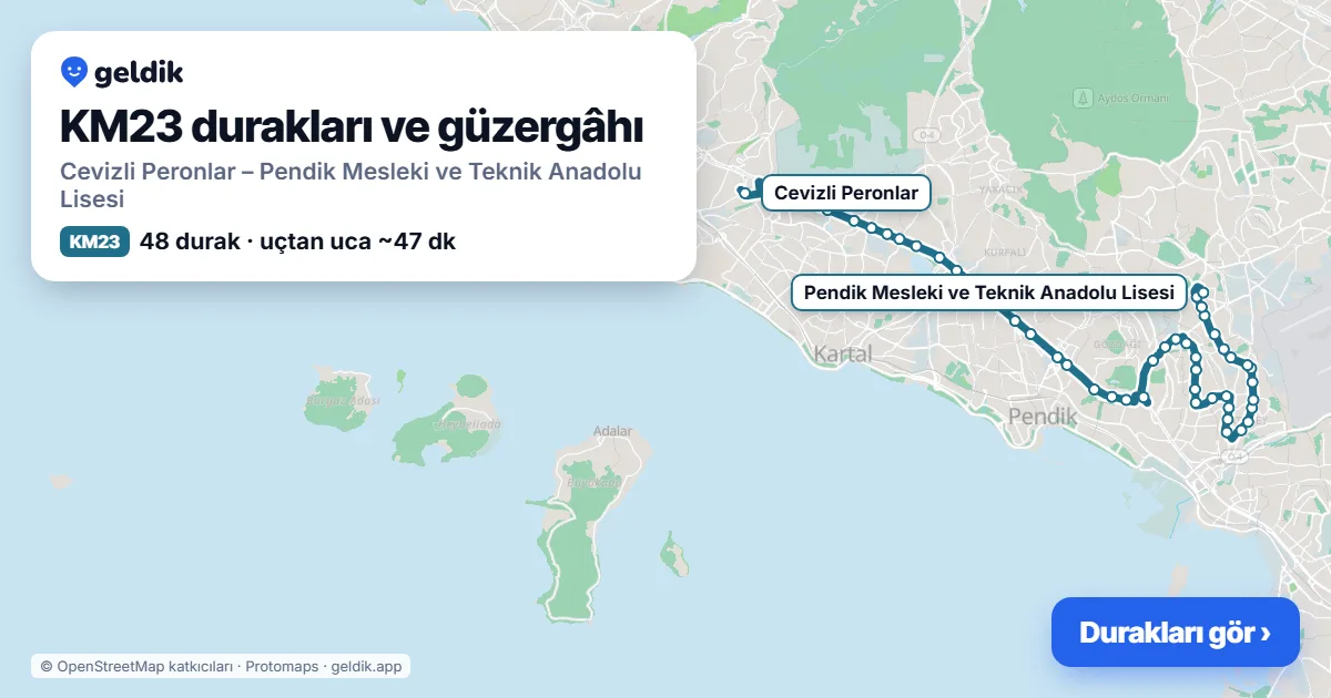 KM23 otobüs güzergâhı haritası: Cevizli Peronlar – Pendik Mesleki ve Teknik Anadolu Lisesi, 48 durak