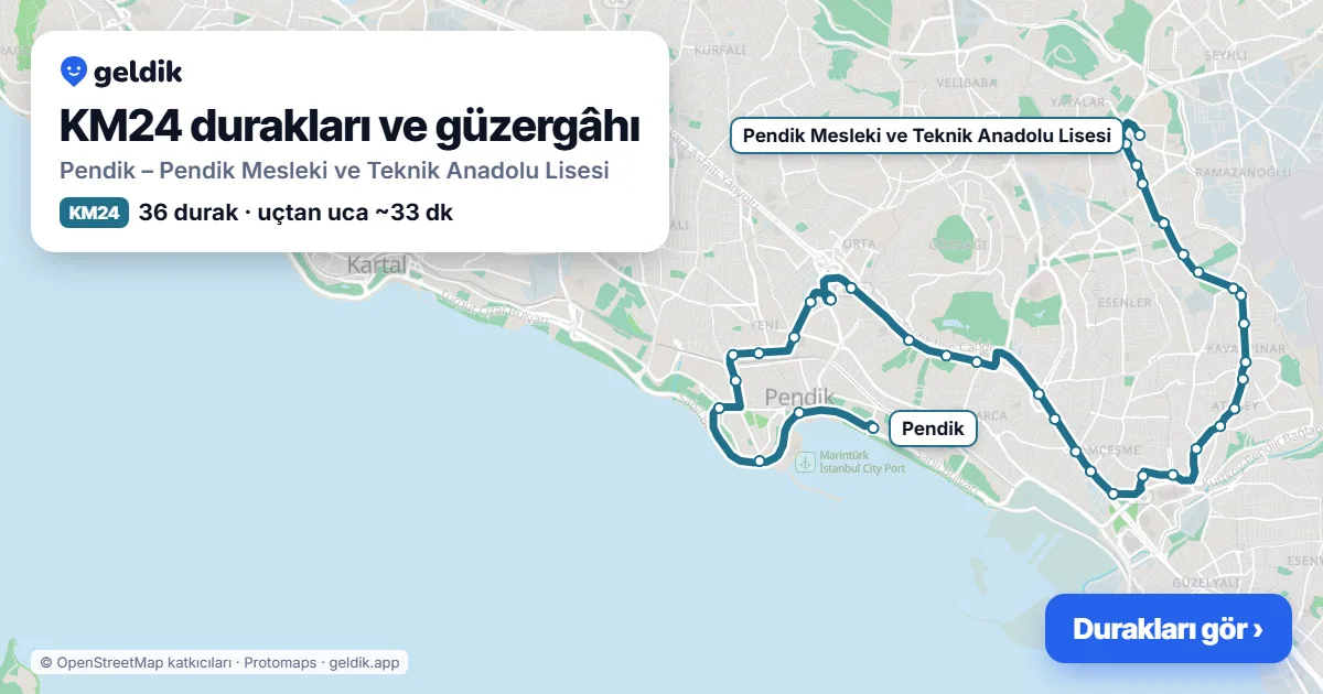 KM24 otobüs güzergâhı haritası: Pendik – Pendik Mesleki ve Teknik Anadolu Lisesi, 36 durak