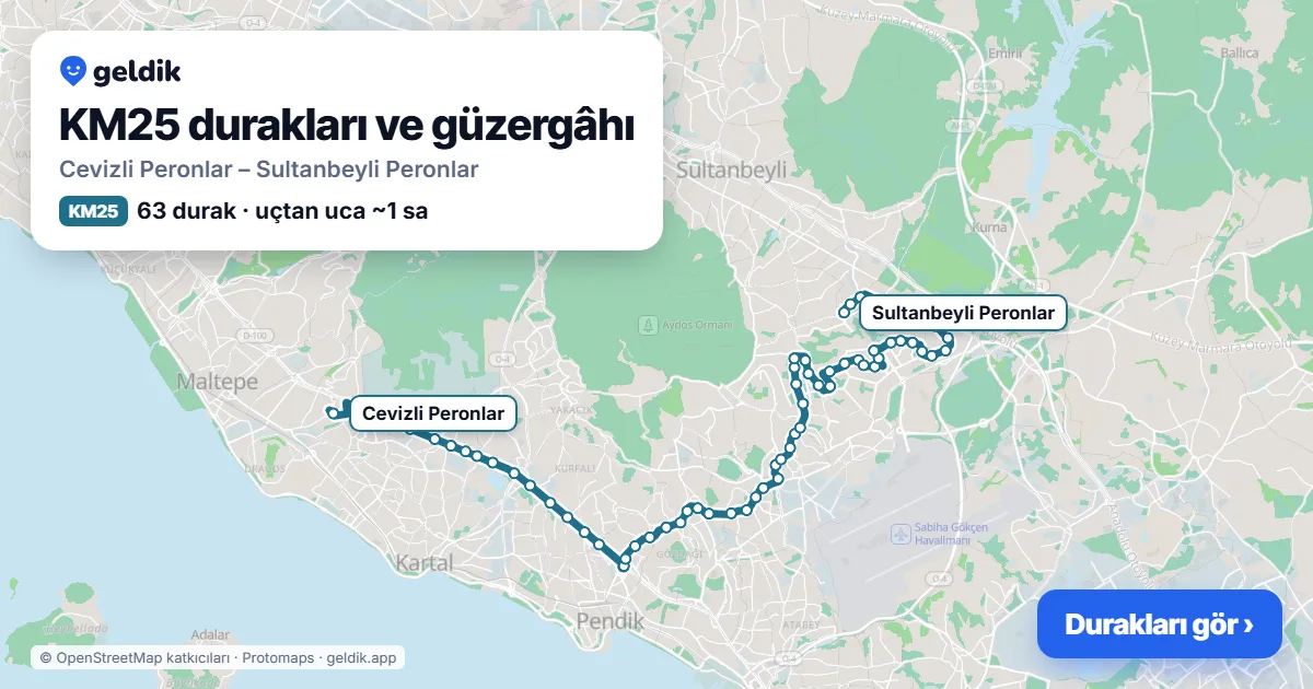 KM25 otobüs güzergâhı haritası: Cevizli Peronlar – Sultanbeyli Peronlar, 63 durak