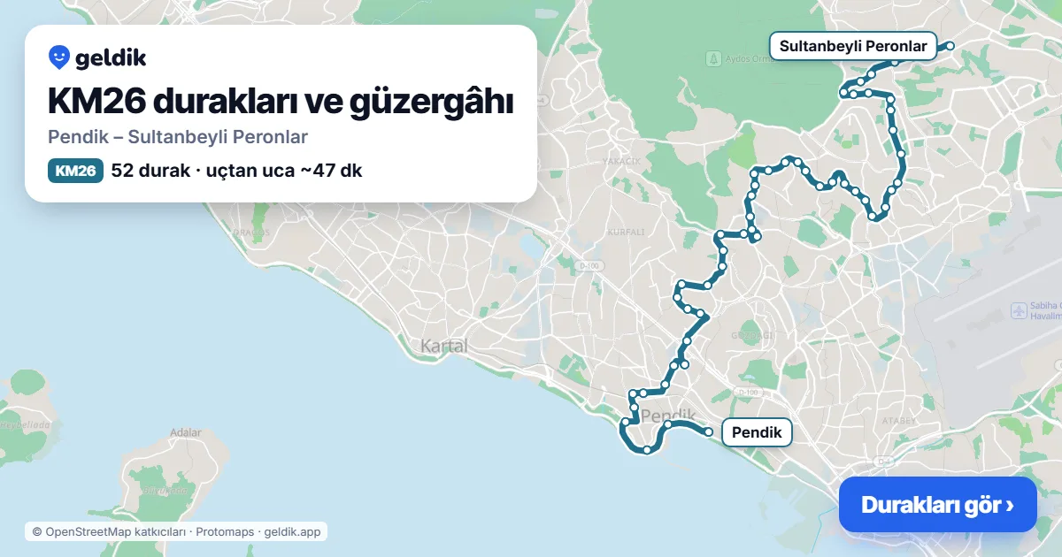 KM26 bus route map: Pendik – Sultanbeyli Peronlar, 52 stops