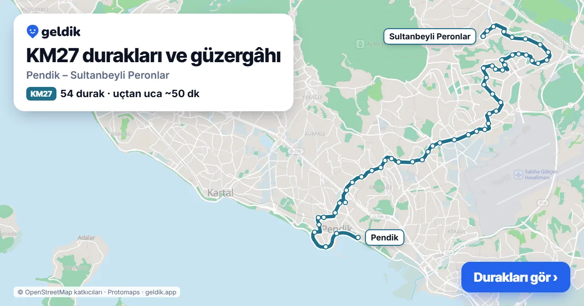 KM27 otobüs güzergâhı haritası: Pendik – Sultanbeyli Peronlar, 54 durak