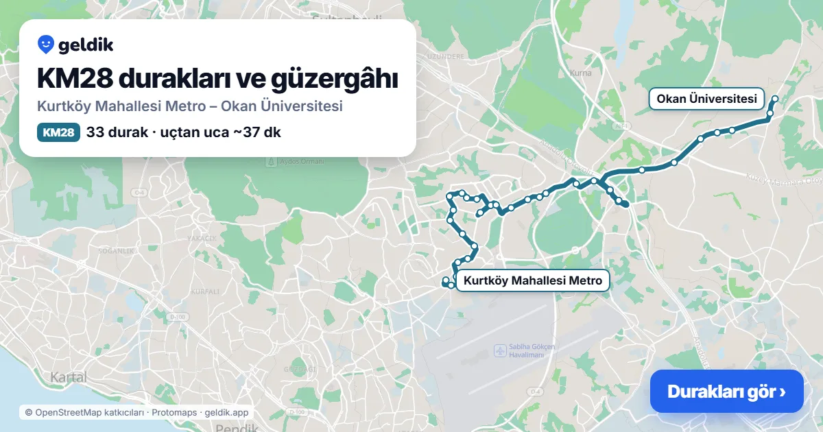KM28 bus route map: Kurtköy Mahallesi Metro – Okan Üniversitesi, 33 stops