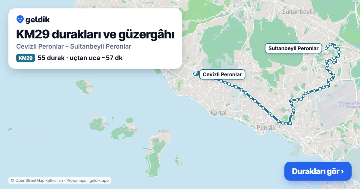 KM29 bus route map: Cevizli Peronlar – Sultanbeyli Peronlar, 55 stops