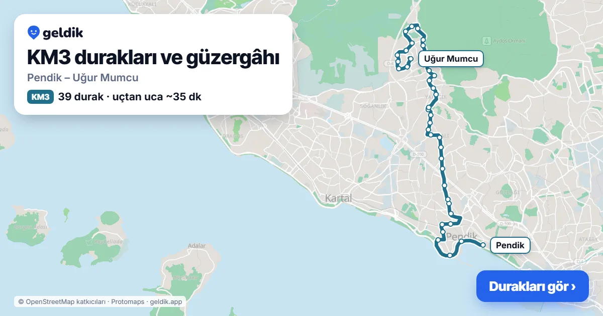 KM3 otobüs güzergâhı haritası: Pendik – Uğur Mumcu, 39 durak