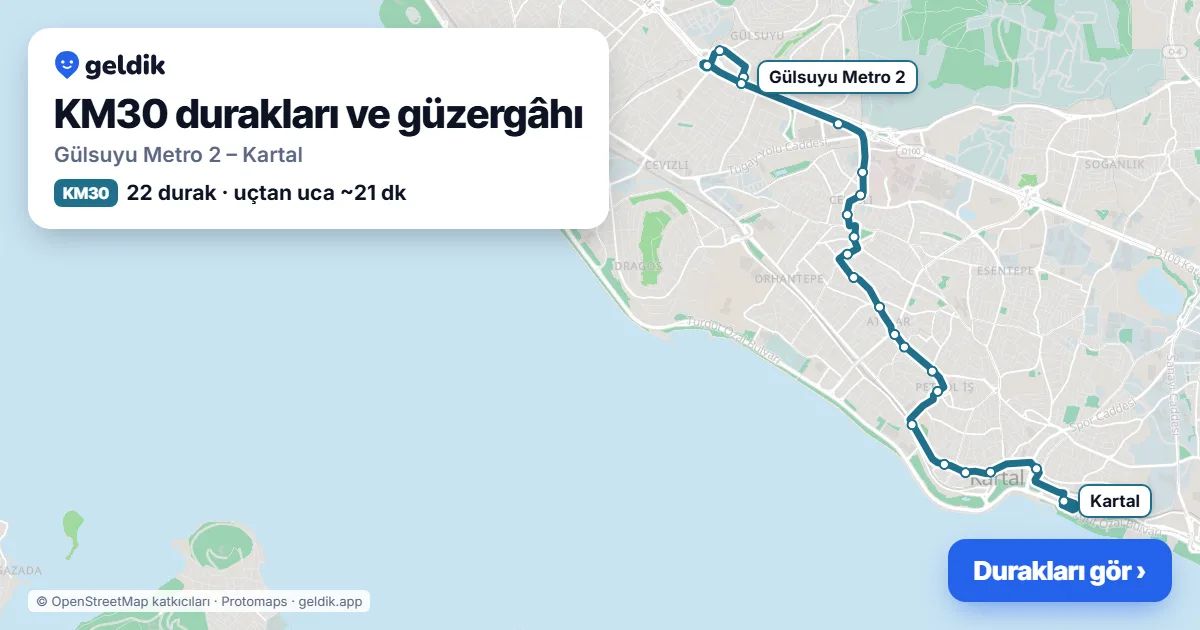 KM30 otobüs güzergâhı haritası: Gülsuyu Metro 2 – Kartal, 22 durak