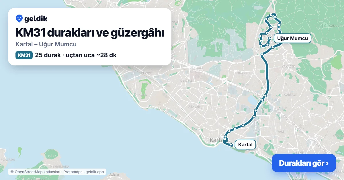 KM31 otobüs güzergâhı haritası: Kartal – Uğur Mumcu, 25 durak