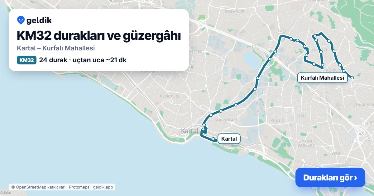 KM32 otobüs güzergâhı haritası: Kartal – Kurfalı Mahallesi, 24 durak