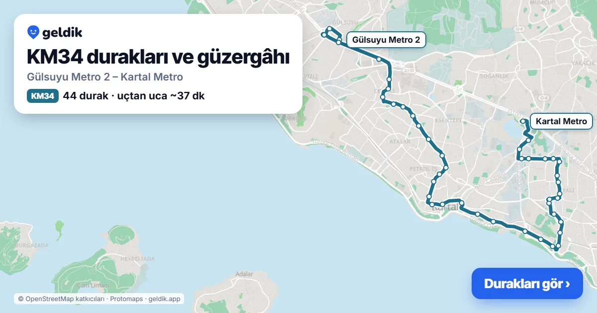 KM34 otobüs güzergâhı haritası: Gülsuyu Metro 2 – Kartal Metro, 44 durak