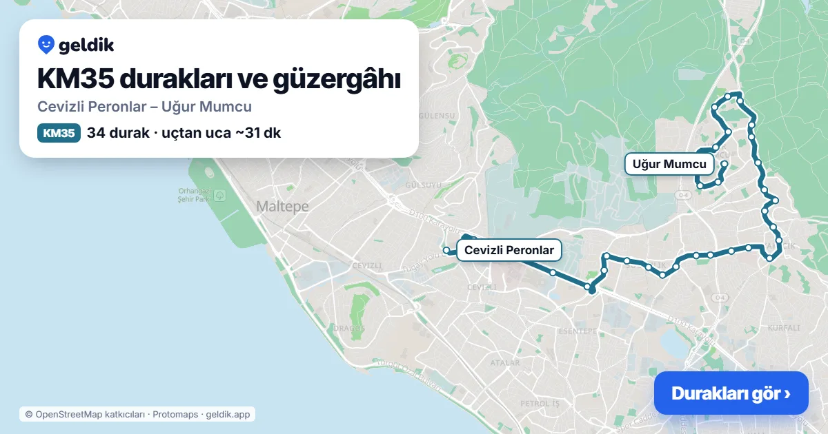 KM35 bus route map: Cevizli Peronlar – Uğur Mumcu, 34 stops
