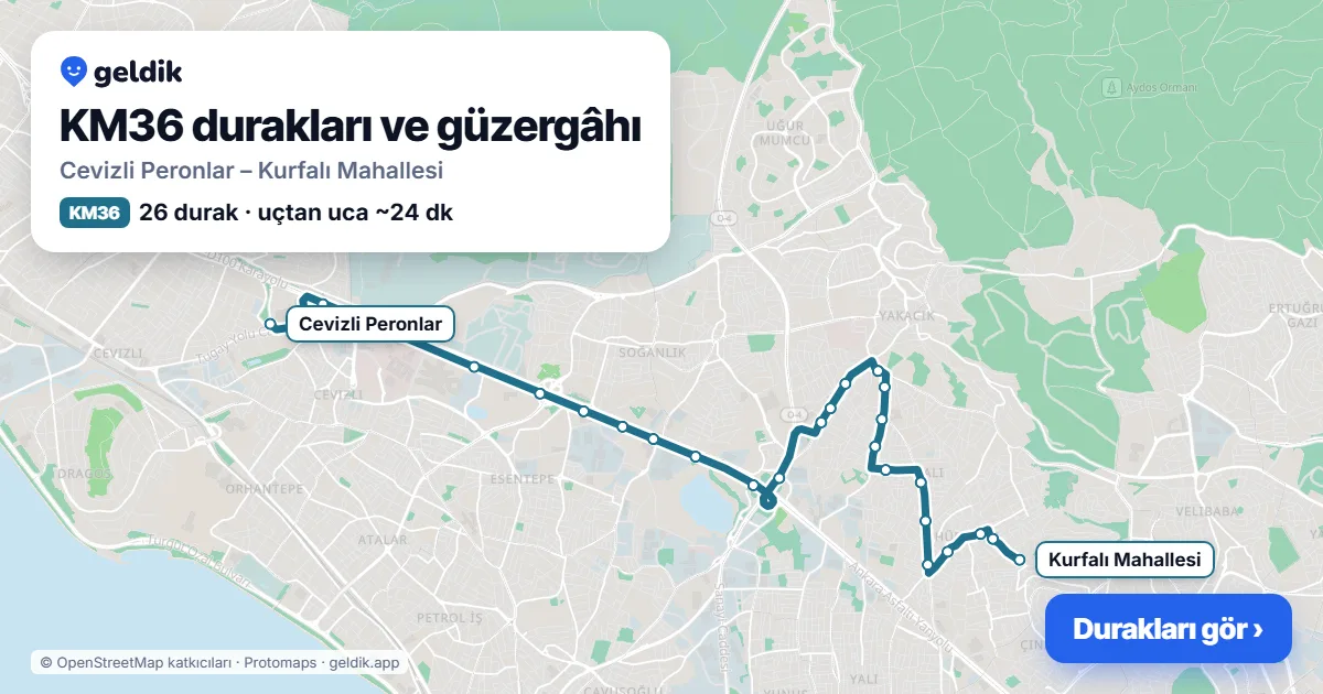 KM36 otobüs güzergâhı haritası: Cevizli Peronlar – Kurfalı Mahallesi, 26 durak