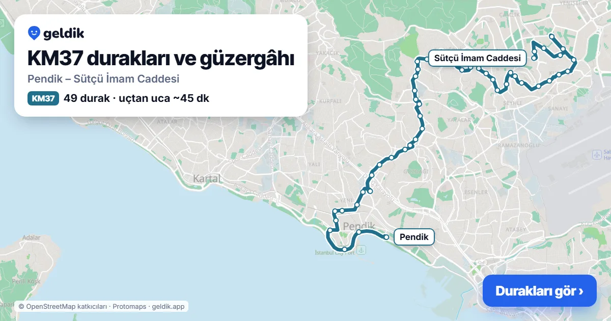 KM37 bus route map: Pendik – Sütçü İmam Caddesi, 49 stops