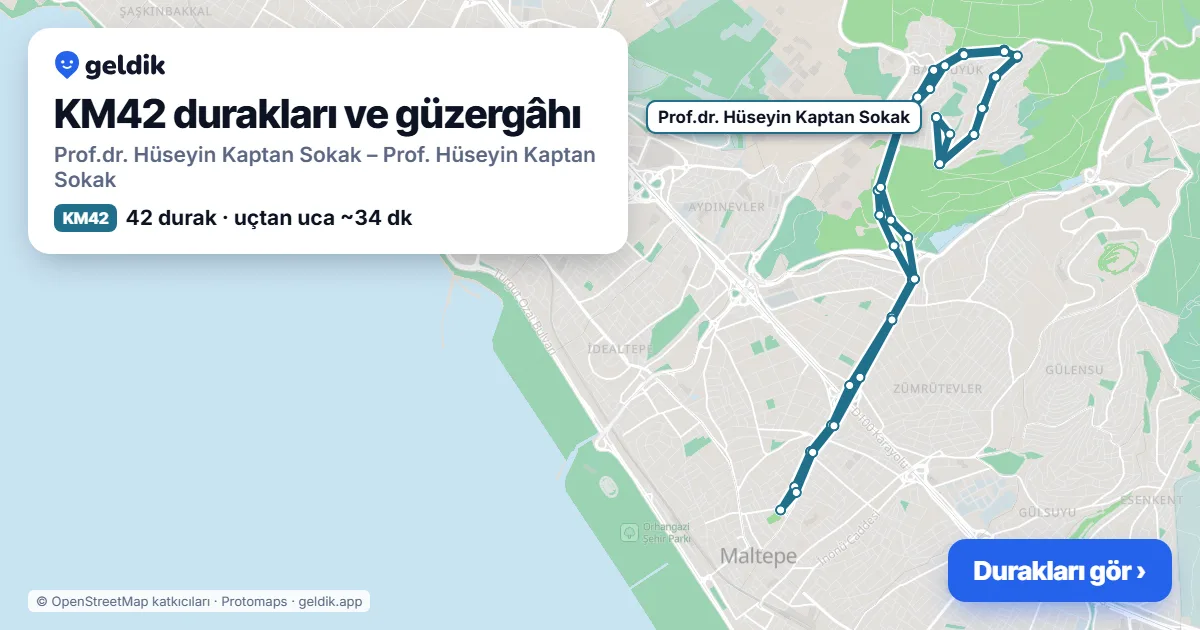 KM42 otobüs güzergâhı haritası: Prof.dr. Hüseyin Kaptan Sokak – Prof. Hüseyin Kaptan Sokak, 42 durak