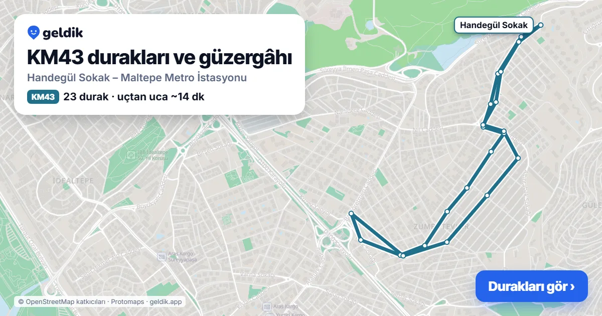 KM43 otobüs güzergâhı haritası: Handegül Sokak – Maltepe Metro İstasyonu, 23 durak