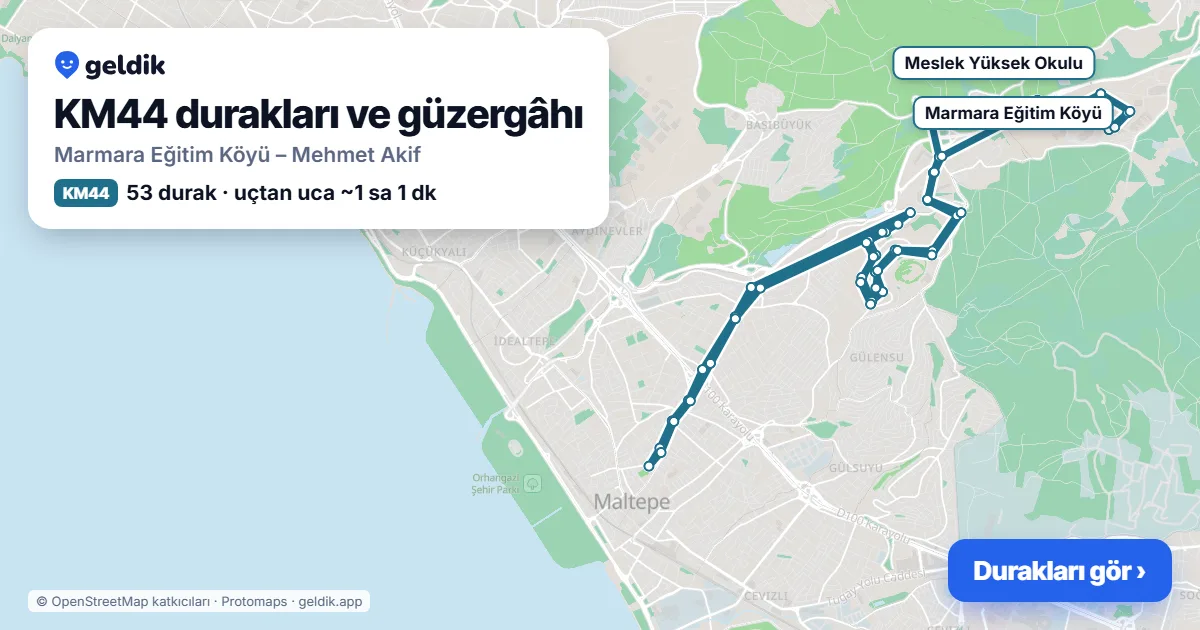 KM44 otobüs güzergâhı haritası: Marmara Eğitim Köyü – Mehmet Akif, 53 durak
