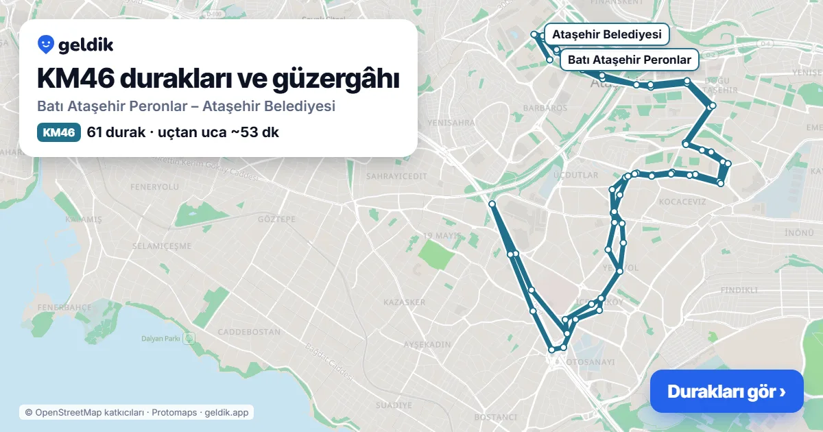 KM46 bus route map: Batı Ataşehir Peronlar – Ataşehir Belediyesi, 61 stops
