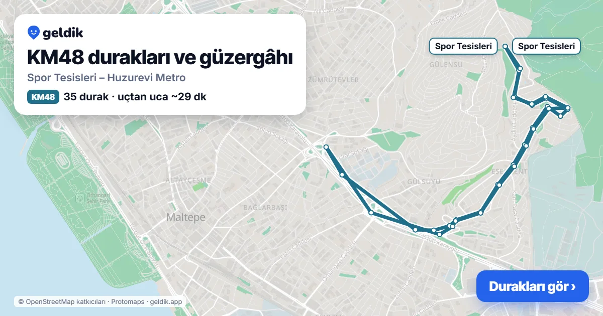 KM48 otobüs güzergâhı haritası: Spor Tesisleri – Huzurevi Metro, 35 durak