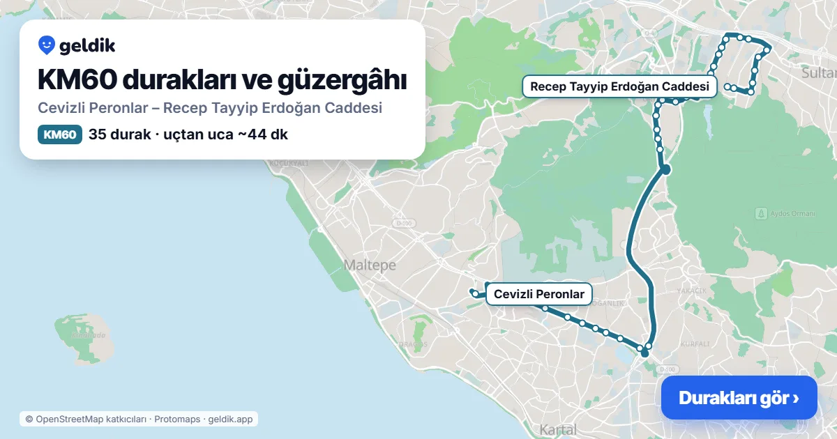 KM60 otobüs güzergâhı haritası: Cevizli Peronlar – Recep Tayyip Erdoğan Caddesi, 35 durak