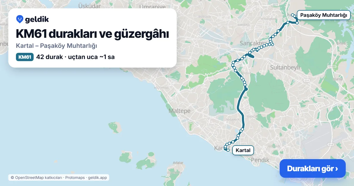 KM61 otobüs güzergâhı haritası: Kartal – Paşaköy Muhtarlığı, 42 durak