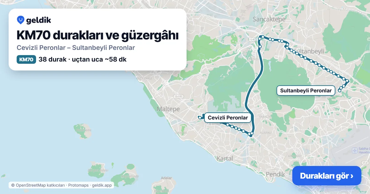KM70 otobüs güzergâhı haritası: Cevizli Peronlar – Sultanbeyli Peronlar, 38 durak