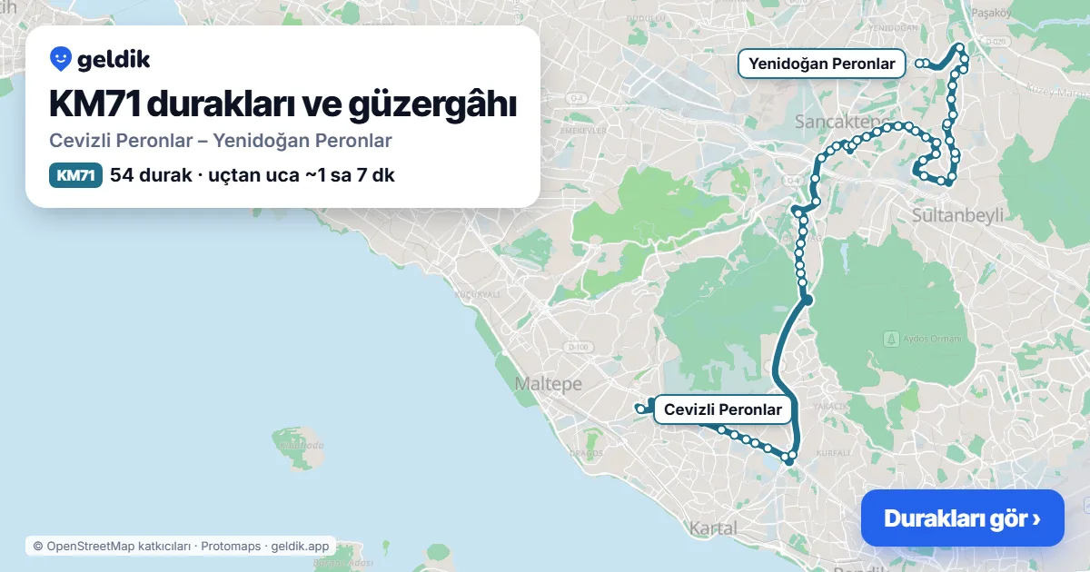 KM71 otobüs güzergâhı haritası: Cevizli Peronlar – Yenidoğan Peronlar, 54 durak