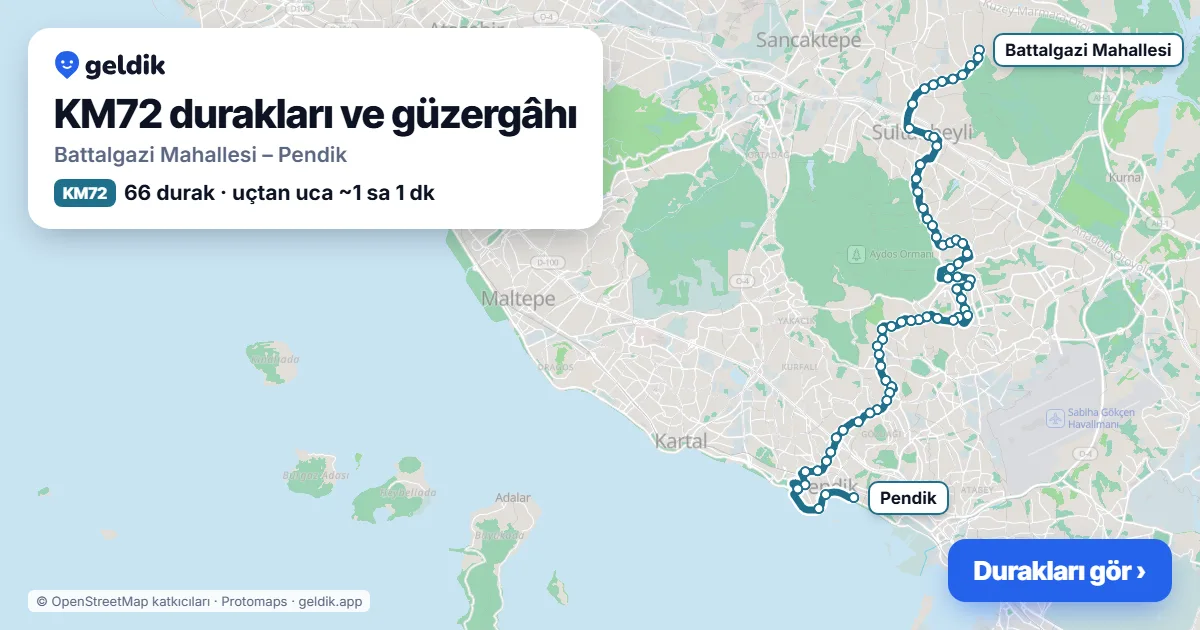 KM72 otobüs güzergâhı haritası: Battalgazi Mahallesi – Pendik, 66 durak