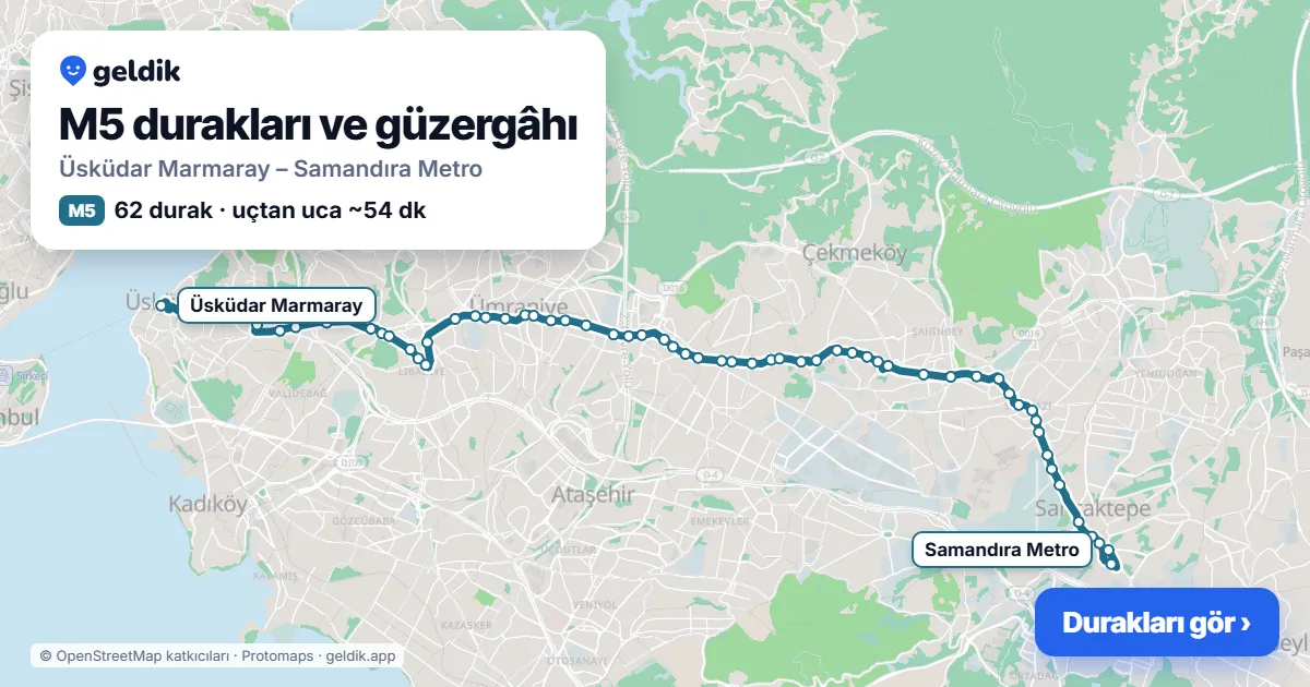 M5 otobüs güzergâhı haritası: Üsküdar Marmaray – Samandıra Metro, 62 durak