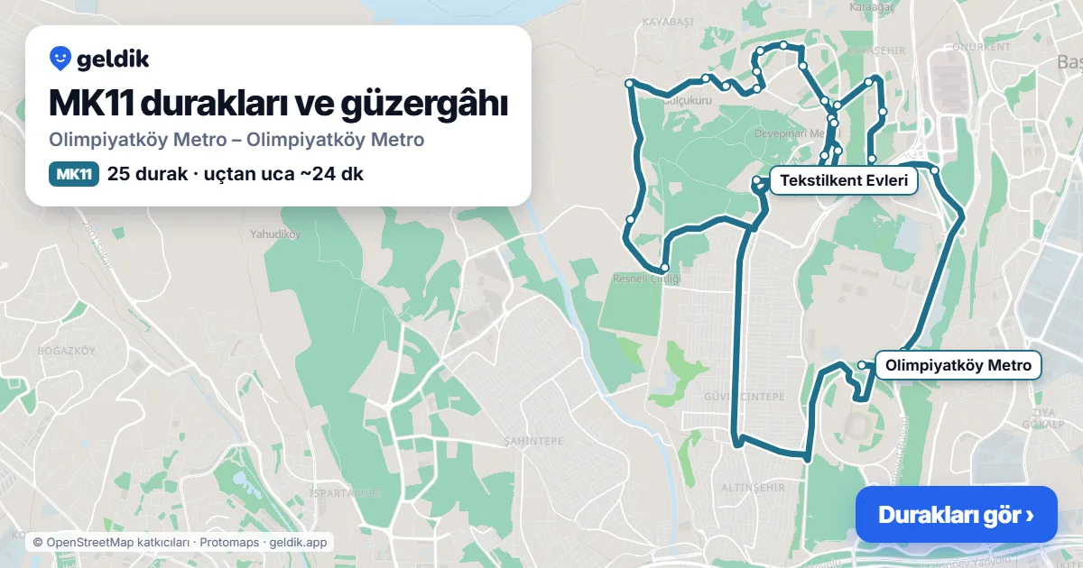 MK11 otobüs güzergâhı haritası: Olimpiyatköy Metro – Olimpiyatköy Metro, 25 durak